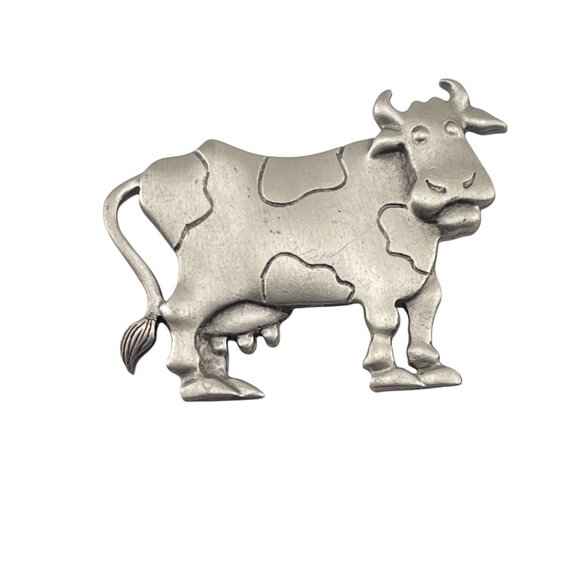 Vintage JJ Jonette 1988 Matte Pewter Cow Pin Brooch - Picture 1 of 5